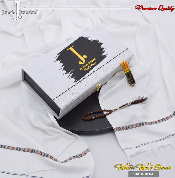 J. Men’s Wool Shawl Gift Pack – With Ittar & Tasbih (White)